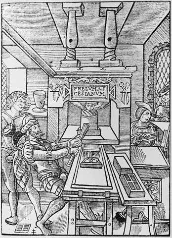 Badius Ascensius&rsquo;s printer&rsquo;s device: two men working a press, a compositor at the case behind